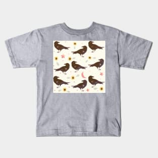 Flower, Crow, Moon and Stars Pattern Kids T-Shirt